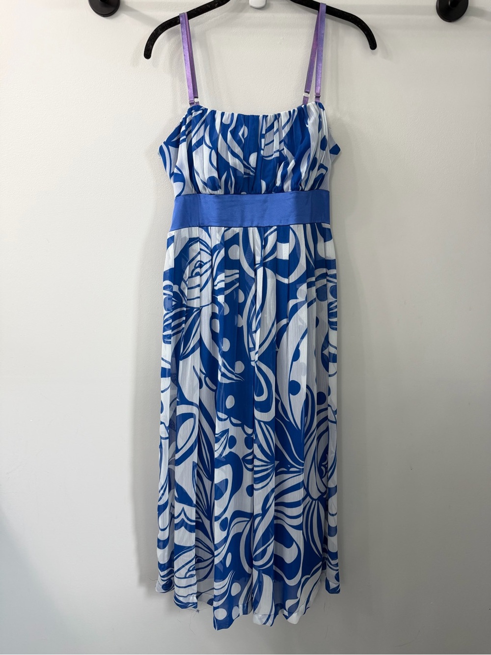 Vintage Jonathan Martin Blue White Retro Print Midi Dress Tie Waistband Size 12